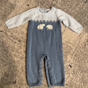 Baby Blue Knit Romper with Bear Design